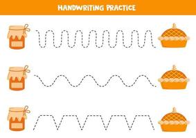 Tracing lines for kids. Jam jar and tasty pie. Writing practice. vector