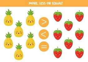 More, less or equal with cute cartoon fruits and berries. vector