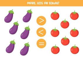 More, less or equal with cute cartoon vegetables. vector