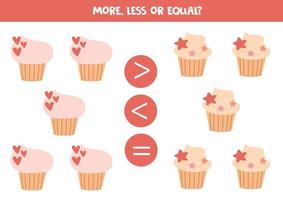 More, less or equal with cartoon cupcakes or muffins. vector