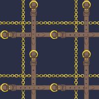 Seamless pattern with realistic hand drawn golden chains and brown leather belt Doodle sketch on dark blue background Square luxury ornament for fabric fashion design, web banner vector