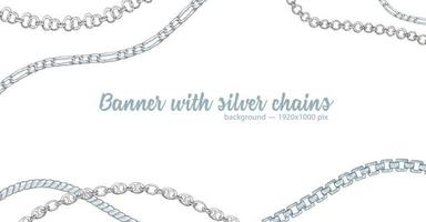 Horizontal web banner with abstract pattern of hand-drawn sketch silver chain isolated on white background vector