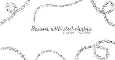 Horizontal web banner with abstract pattern of hand-drawn sketch silver chain isolated on white background vector