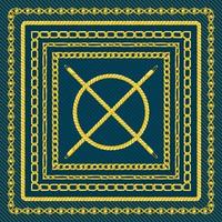 Border pattern with retro hand-drawn sketch golden chain on dark green background. Tranding drawing print for scarf or bandana. vector
