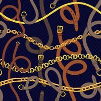 Seamless pattern with realistic hand drawn golden chains and brown leather belt Doodle sketch on dark blue background Square luxury ornament for fabric fashion design, web banner vector