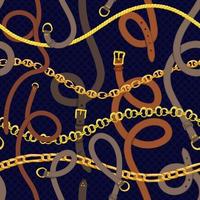 Seamless pattern with realistic hand drawn golden chains and brown leather belt Doodle sketch on dark blue background Square luxury ornament for fabric fashion design, web banner vector