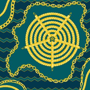 Border pattern with retro hand-drawn sketch golden chain on dark green background. Tranding drawing print for scarf or bandana. vector