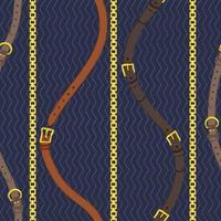 Seamless pattern with realistic hand drawn golden chains and brown leather belt Doodle sketch on dark blue background Square luxury ornament for fabric fashion design, web banner vector