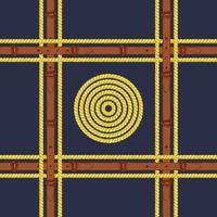 Seamless pattern with realistic hand drawn golden chains and brown leather belt Doodle sketch on dark blue background Square luxury ornament for fabric fashion design, web banner vector