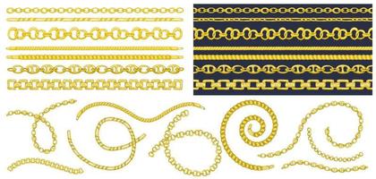 Set of brush patterns with retro hand-drawn sketch golden chain on dark background. Drawing engraving texture. Great design for fashion, textile, decorative frame, yacht style card. vector