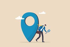 Location search for business address, map or direction to navigate or find position, office location street information concept, curious businessman search with magnifying glass with map location pin. vector