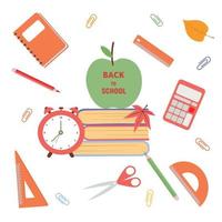 diseño escolar con manzana verde y materiales de aprendizaje detrás: lápices, bloc de notas, reglas, calculadora, tijeras. vector
