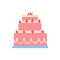 Three-tiered cake with fresh cherries. Color image on a white background. Flat style vector