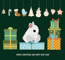 2023 year of the rabbit. Cute Christmas bunny at the Christmas tree with gifts. Vector illustration.