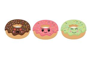 Set of colorful donuts in kawaii style. Vector illustration of desserts. Collection of sweet pastries