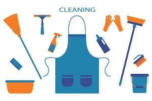 A set of cleaning equipment bucket, basin, broom, gloves, brush, sponge, apron, napkins, spray gun, sign. Vector illustration isolated on white background.