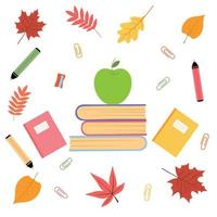 diseño escolar con manzana verde y materiales de aprendizaje detrás: lápices, bloc de notas, reglas, calculadora, tijeras. vector