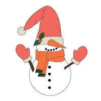 Christmas cute snowman in a hat. Festive winter concept. Vector illustration on an isolated background. For printing on fabric, postcards, web