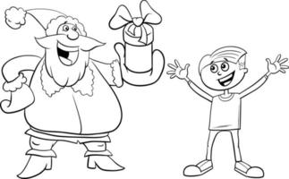 cartoon Santa Claus giving Christmas gift to little boy coloring page vector