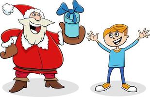 cartoon Santa Claus giving Christmas gift to little boy vector