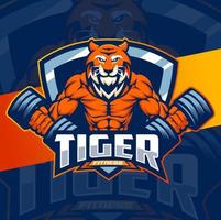 diseño de logotipo de mascota de personaje de fitness fuerte de tigre para juego de culturismo de fitness y logotipo deportivo vector