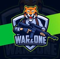 diseño de mascota de personaje de tigre de zona de guerra con arma y posición de guerra para el logotipo de juego y deporte vector