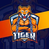 tiger strong fitness character mascot logo design for fitness bodybuilding game and sport logo vector
