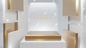 Product display podium with white square geometric shape elements and gold with bokeh decoration and glitter light effect. Realistic luxury style design. Vector illustration.
