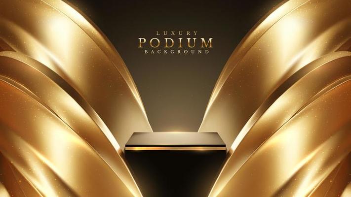 Luxury black background with product display podium and gold liquid elements with glitter light effects decorations and bokeh. Vector illustration.