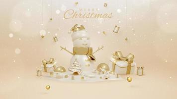 Merry christmas and happy new year with 3d realistic snowman ornaments and gift box, house, tree, ball and sparkling light effect and bokeh decorations and snow.