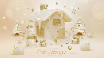 Luxury background with 3d realistic christmas ornaments and sparkling light effect and bokeh decorations and snow. Vector illustration.