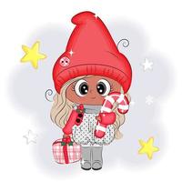 Linda niña en ropa de invierno con copos de nieve ilustración vectorial de Navidad vector