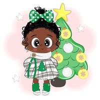 Cute little girl by the tree Christmas vector illustration