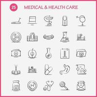 icono dibujado a mano de atención médica y de salud para impresión web y kit de uxui móvil, como matraz, señal de hospital, médico, medicina médica, datos, ventilador, paquete de pictogramas, vector