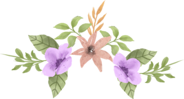 elegante arreglo floral de acuarela de durazno y morado png