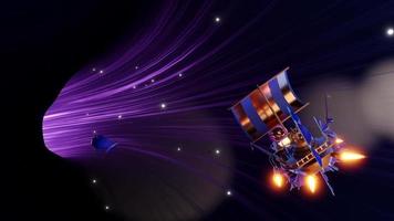 Steampunk-Luftschiff und Walfliegen im Hyperraumtunnel, violette Lichtstreifen mit hoher Geschwindigkeit, Reisen über Dimensionen, Zeit, Loop-3D-Animation