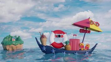 summer travel sea waves with boat,suitcase,lifebuoy,island, camera,pineapple,ice cream,binoculars,umbrella on blue sky background. dolphins swim around the boat, tourism trip, 3d animation video
