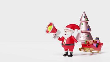 weihnachtsmann mit megaphon oder handlautsprecher, schlitten, geschenkbox, weihnachtsbaum lokalisiert auf weißem hintergrund. glück festliches neujahrskonzept, loop-3d-animation video