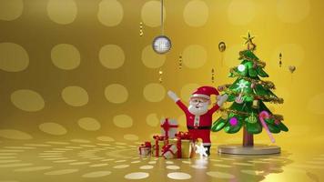 weihnachtsbaum mit weihnachtsmann, balldiscolichter, schneeflocken, ornamente, geschenkbox in goldkomposition für moderne bühnendarstellung, konzeptweihnachten und festliches neujahr, 3d-renderanimation video