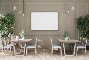 marco de póster simulado en interiores modernos habitaciones completamente amuebladas fondo, cafetería, comedor, foto