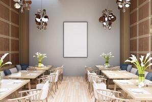 marco de póster simulado en interiores modernos habitaciones completamente amuebladas fondo, cafetería, comedor, foto