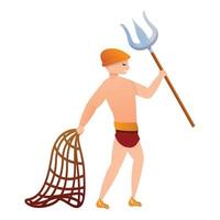 Gladiator with fight fork icon, cartoon style vector