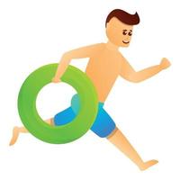 Man running with pool ring icon, cartoon style vector