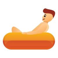 Boy rest on inflatable ring icon, cartoon style vector