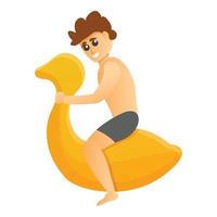 Boy at inflatable goose icon, cartoon style vector