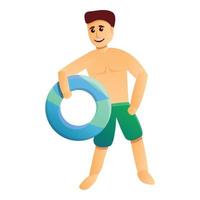 Man with colorful pool ring icon, cartoon style vector