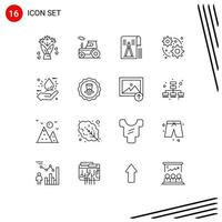 Mobile Interface Outline Set of 16 Pictograms of eco bio drawing gear development Editable Vector Design Elements