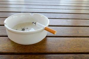 A white ceramic ashtray with a cigarette and ash with a black lighter for smoking stands on a wooden table in a cafe photo