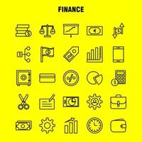 los iconos de línea de finanzas establecidos para infografías kit de uxui móvil y diseño de impresión incluyen gráfico circular presentación de negocios campana sonando colección de anillos logotipo y pictograma de infografía moderna vector