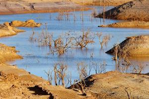 Low levels of water reservoir. Dry climate. Shortage of water. Climate change and global warming. There is no planet B. Urgent action to save the world. Minas de Riotinto in Spain. Environment. photo